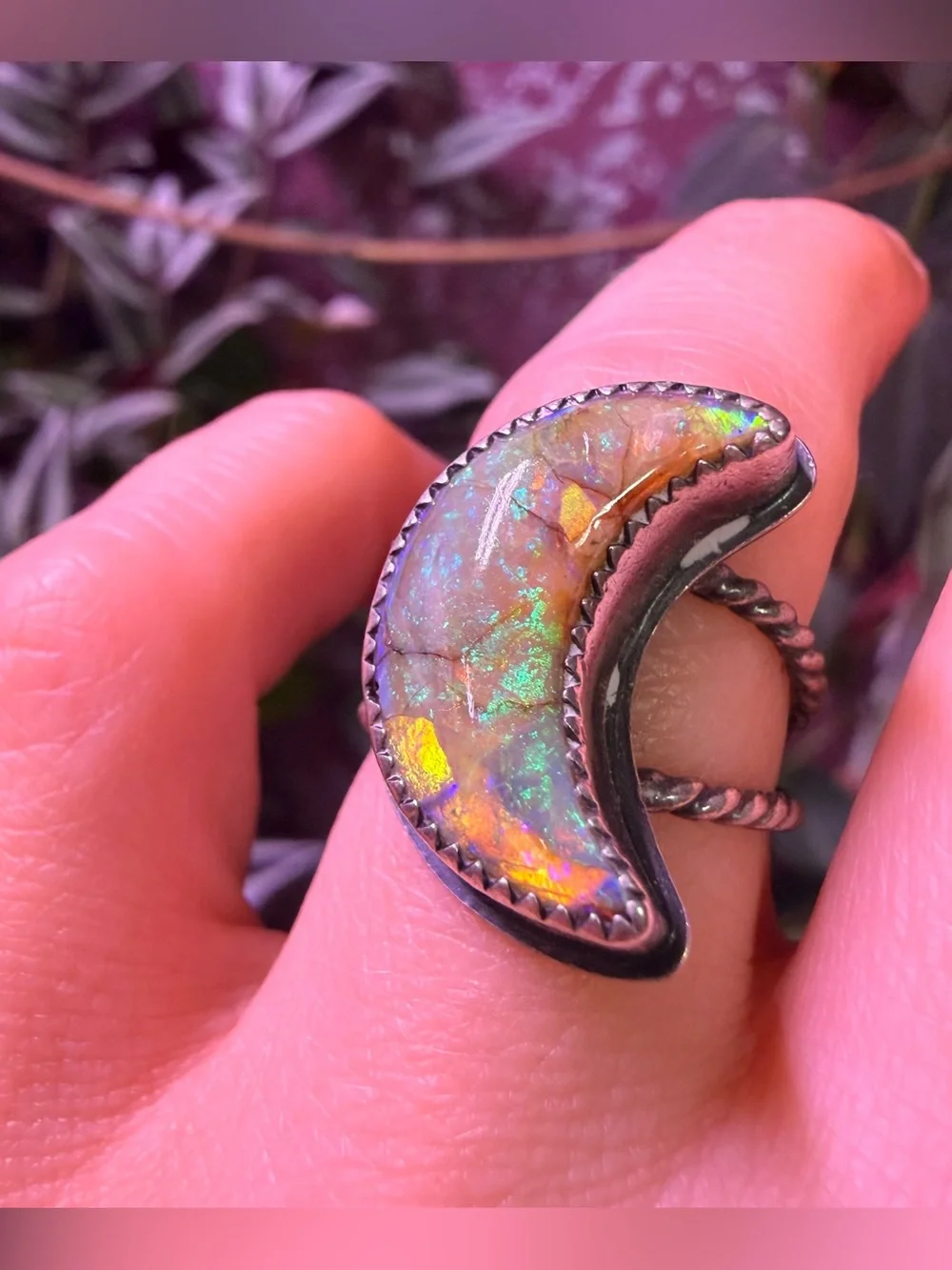 Sterling Silver Monarch Opal Ring Moon Shape Handmade Statement Ring Celestial - Picture 7 of 7